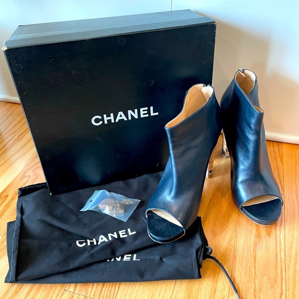 Chanel open toe bootie with cork heel